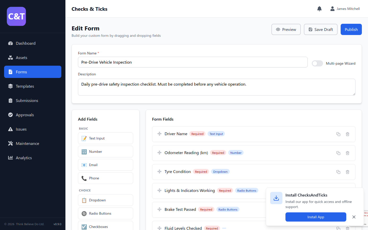 Drag and drop form builder for custom checklists