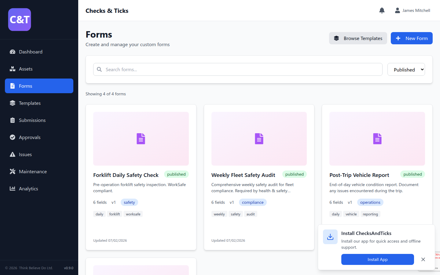 Digital forms and checklists with categories and tags