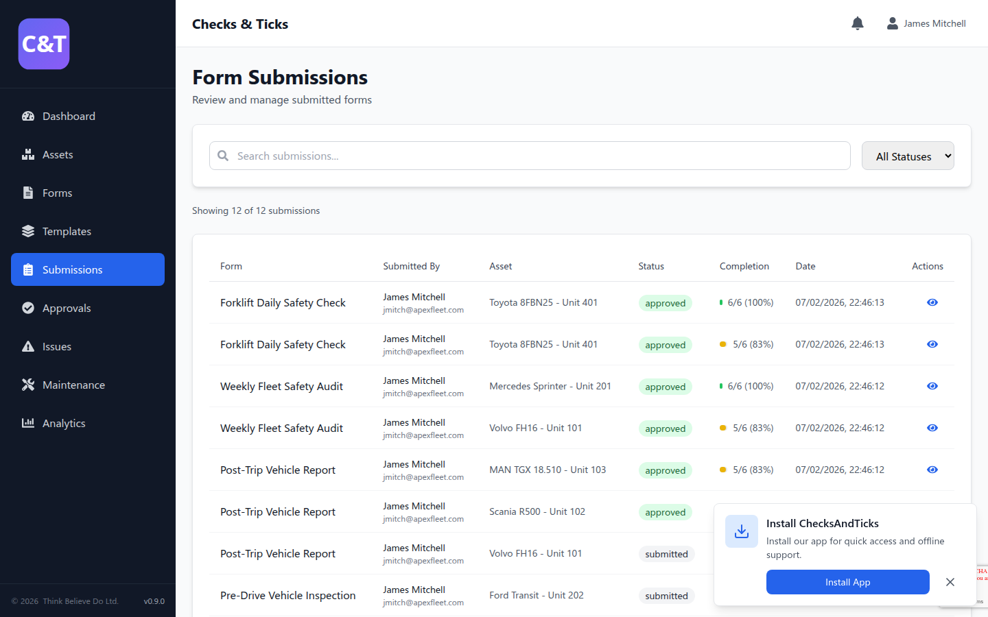 Detailed submission view with form responses and approval history